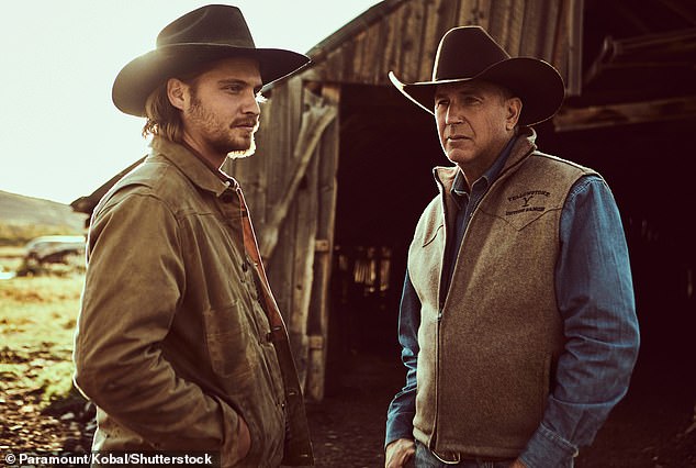 Kevin, seen here with Luke Grimes, on the set of his hit series Yellowstone, which he abandoned.