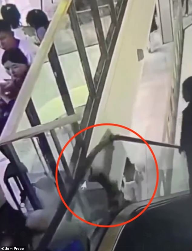 She loses her balance when the escalator begins to drag her down. The woman then desperately tries to hold onto the railing when she suddenly falls through a small gap between the stairs and the railing.