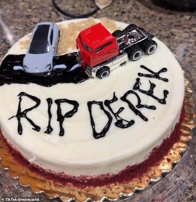 TikTok user Nora showed herself making an edible version of the truck accident, placing toy vehicles on an icy road, before presenting it as an anniversary cake.