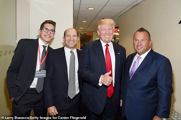 Brandon Lutnick, Chairman and CEO of Cantor Fitzgerald, Howard Lutnick, US Republican presidential candidate Donald Trump and Daniel LaVecchia attend the Annual Charity Day hosted by Cantor Fitzgerald, BGC and GFI at BGC Partners, INC on September 12, 2016 in New York City