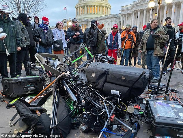 Media equipment equipment damaged during clashes after supporters of US President Donald Trump breached security at the US Capitol in Washington DC, United States, on January 6, 2021.