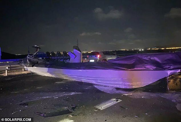 The trio were the first to collide with the 32-foot-long, four-seater 'narco-boat' (pictured) when it ended up on the tarmac near the resort of La Manga on Saturday night around 9:30 p.m.