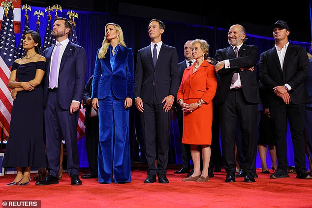 McMahon (second from right) stands on stage watching Trump deliver his victory speech in Palm Beach on election night