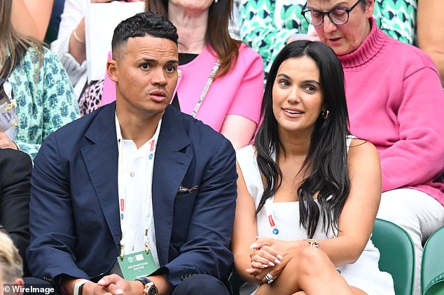 The former England international pictured with his wife of 13 years, Ellie Penfold, at Wimbledon in 2024.