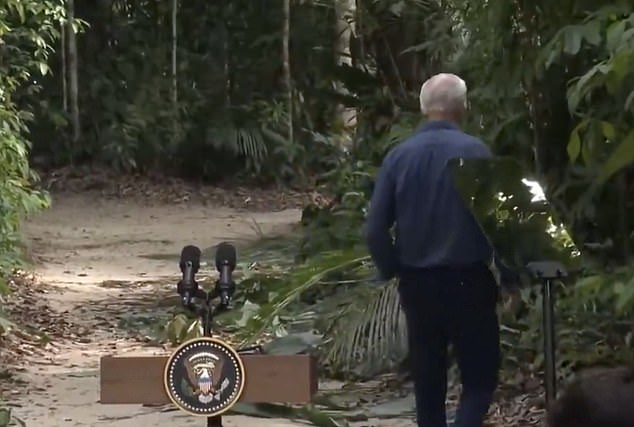 Online users expressed concern over this clip, which showed President Joe Biden 'straying' into the Amazon rainforest. In fact, he walked the same path he took to reach his podium position on Sunday afternoon