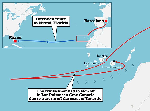 The passenger ship Royal Caribbean Explorer of the Sea was at the start of its transatlantic voyage to Miami on Thursday, November 7, when it was struck by a storm, a sharp and sudden sustained gust of wind, off the coast of Tenerife