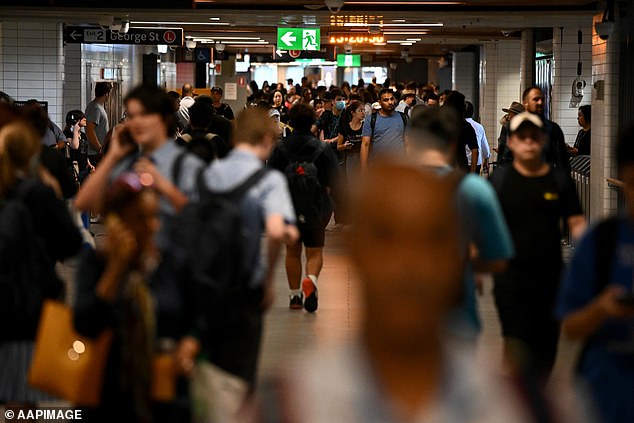 Commuters are urged to seek alternative transport where possible and allow additional travel time (pictured, commuters at Sydney Town Hall station)