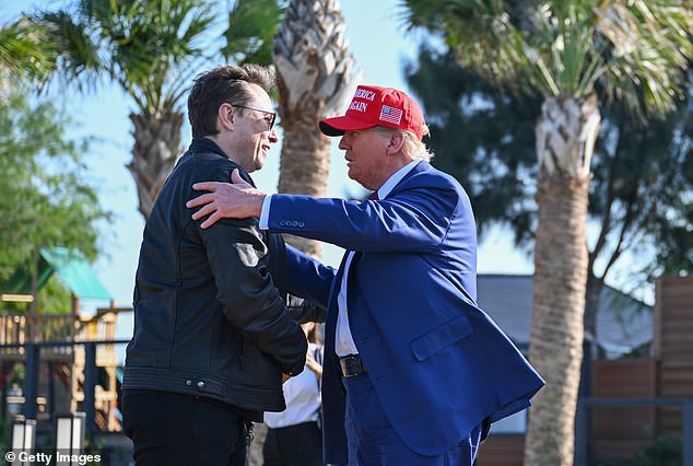 President-elect Donald Trump greets Elon Musk as he arrives to attend a viewing of the launch of the sixth test flight of the SpaceX Starship rocket on November 19, 2024 in Brownsville, Texas