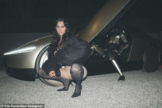 She crouched down next to the expensive vehicle with her sexy appearance, while the robot relaxed in the driver's seat with one foot on Kim's driveway.