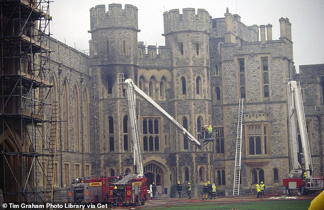 Fire trucks, ladders and hoses surround the castle as the military battles the fire.