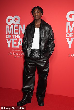 Kobbie Mainoo rocked a black Bottega Veneta jacket and pants with a white t-shirt at Tuesday's event.