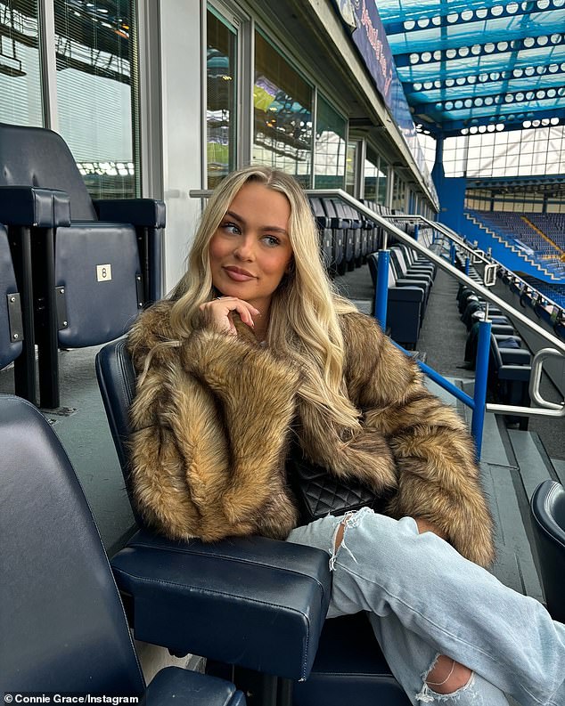 Grace's most recent photo was captioned: 'Fur Season' and featured two photos of Grace posing at Stamford Bridge (pictured above).