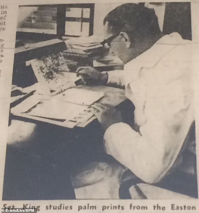 Police believed the killer had broken into his house between 11.30pm and 4am and found a handprint near the open window. In the photo: a police sergeant studies palm prints.