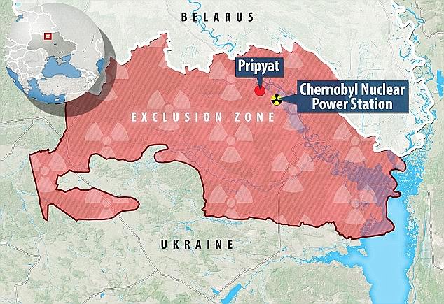 Last year, NASA scientists sent eight species of mushrooms from the Chernobyl exclusion zone (pictured in red) into space where they were placed aboard the International Space Station.