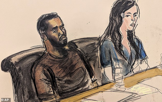 Pictured in this courtroom sketch, Sean "Diddy" Combs, left, sits at the defense table with one of his attorneys, Teny Garagos, during his bail hearing, Wednesday, September 18, 2024, in New York