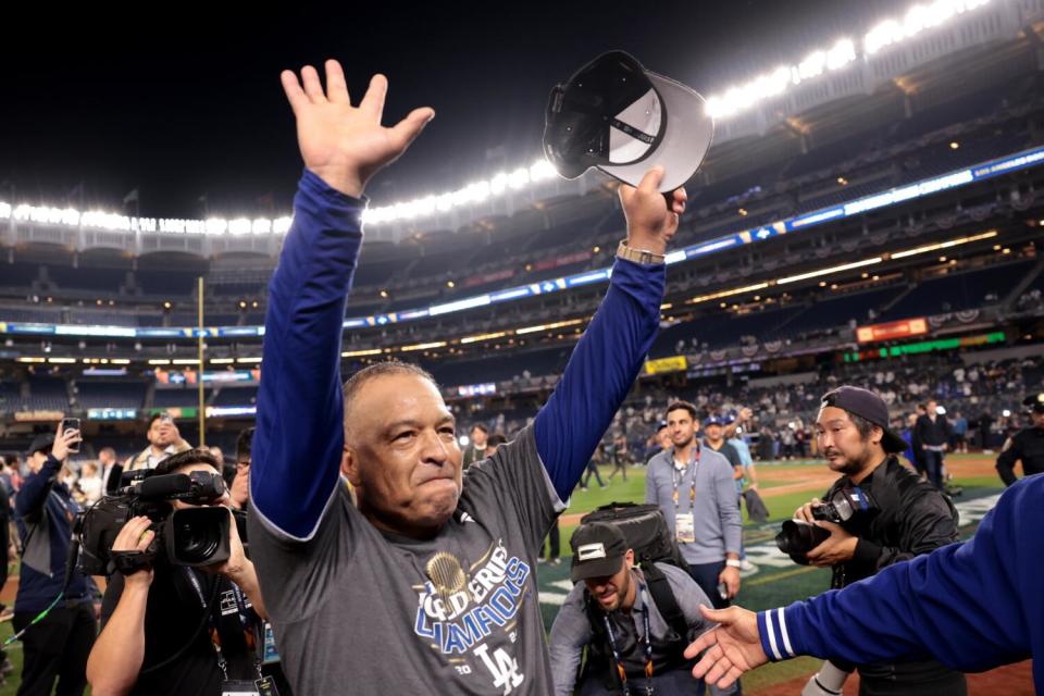 Dodgers manager Dave Roberts reacts after winning the World Series on Oct. 30 at Yankee Stadium.