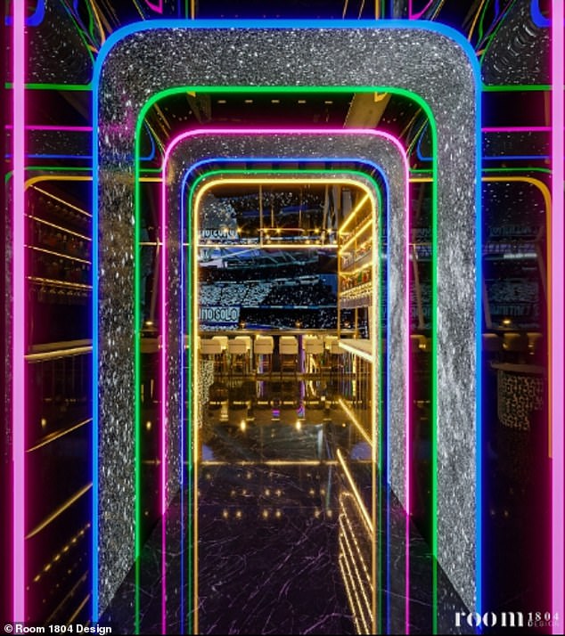 Access to the Skybar is through one of two neon-clad entrances designed to replicate the Spanish city's skyscrapers.