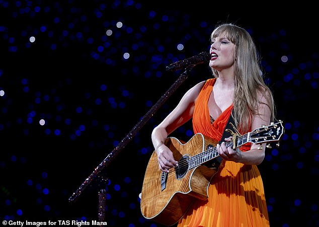 Taylor Swift performs on stage during The Eras Tour at the Bernabéu stadium in Madrid