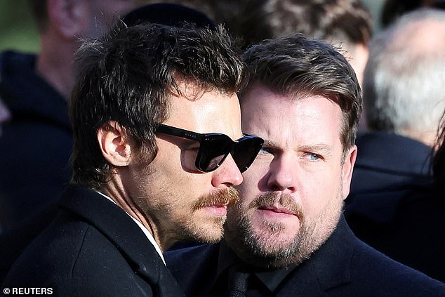 Styles and James Corden following the service, which was attended by friends and family.