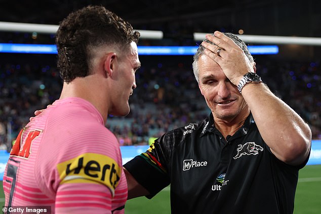 The Penrith star's father Ivan (pictured together after winning the 2024 premiership) has revealed he has never seen his son so happy after returning from his time with the Matildas star.