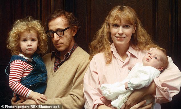 Ronan is the eldest son of Rosemary's Baby star Mia Farrow and disgraced filmmaker Woody Allen; (Left to right) Dylan Farrow, Woody Allen, Mia Farrow and Ronan Farrow seen in 1988