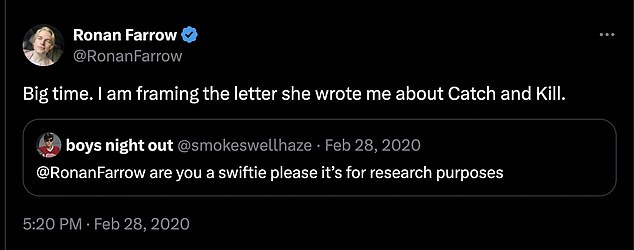 In 2020, Ronan confirmed that he is a 'big' Swiftie and that Swift is a fan of his #MeToo advocacy.