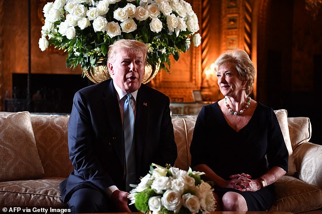 Donald Trump speaks at a press conference with Linda McMahon during her time as head of Small Business Administration on March 29, 2019 during the former's first term