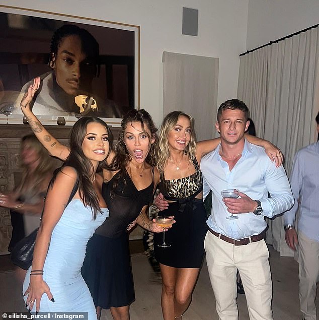 In photos shared on Instagram, the controversial Love Island contestant posed with Tish and Miley Cyrus at their intimate wedding reception in Malibu.