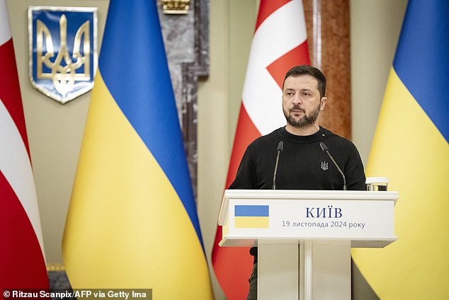 Ukrainian President Volodymyr Zelensky attends a joint news conference with Denmark's Prime Minister at the presidential palace in kyiv on November 19.