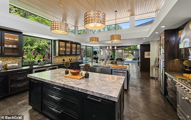 The luxurious kitchen features elegant marble countertops and windows along the ceiling for bright lighting.