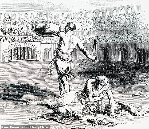 Engraving depicting gladiators fighting in the Colosseum in Rome