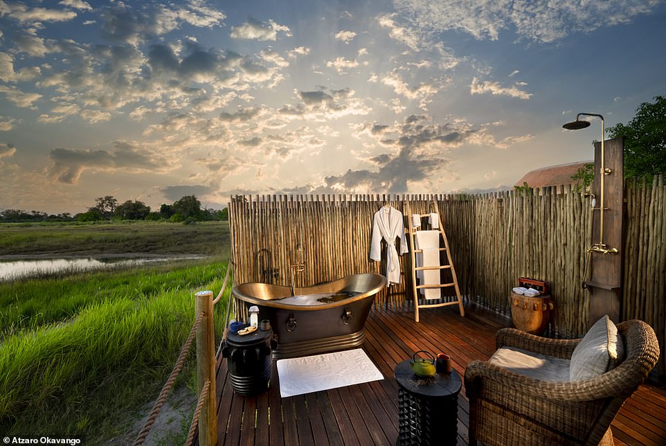 At one end of Jess's suite is an outdoor bath and shower area, equipped with a freestanding copper bathtub.