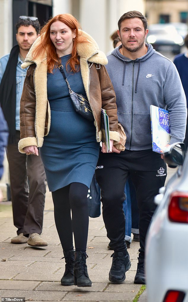 Eleanor looked radiant as she went for a walk with her husband of two years, wrapped in a cozy teddy bear bomber jacket.