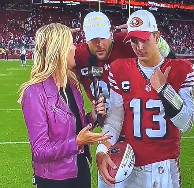 Nick Bosa crashed NBC's post-game interview with his teammates to show off a MAGA hat