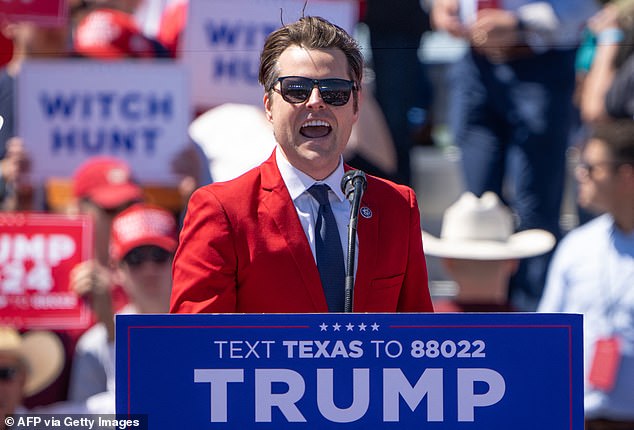 Republican Rep. Matt Gaetz, of Florida, speaks during a 2024 campaign rally for former U.S. President Donald Trump