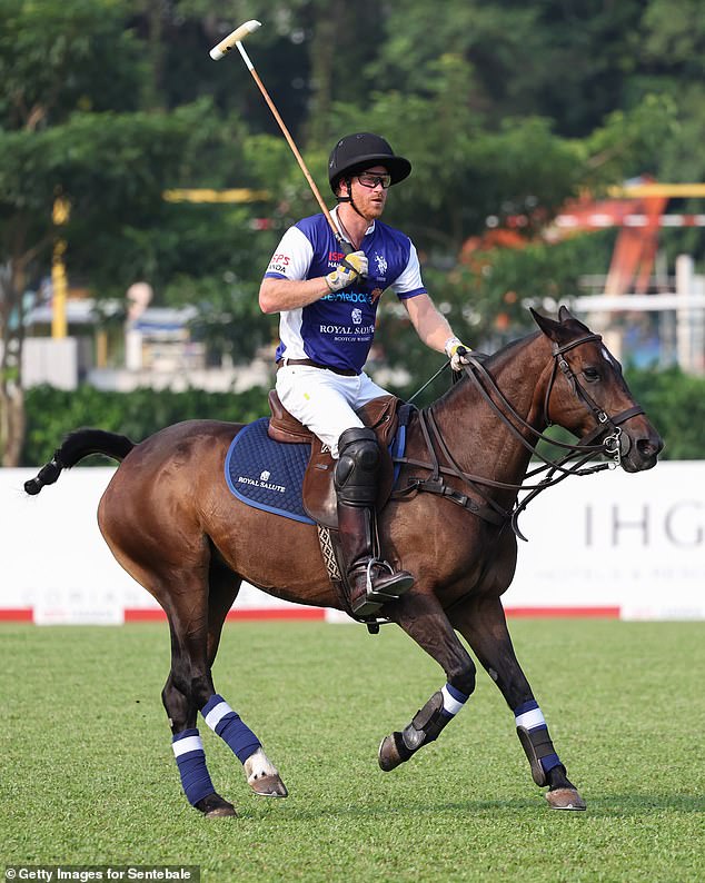 Prince Harry plays polo during the Sentebale ISPS Handa Polo Cup on August 12, 2023