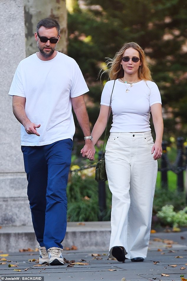 Jennifer is the mother of her son Cy with her husband Cooke Maroney, 40; They welcomed their first child in February 2022; photographed in August 2022 in New York