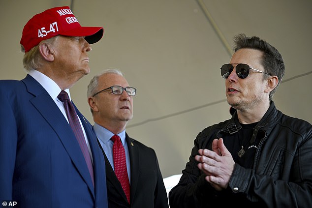 Trump, Musk and Senator Kevin Cramer photographed chatting before attending a viewing of the SpaceX Starship rocket launch on Tuesday.