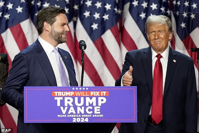 While Trump selected Vance as his running mate, Goldberg believes Musk is actually second in command; Trump and Vance photographed at an election night viewing party in West Palm Beach on November 6.