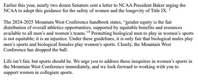 Thirteen Republican members of Congress have written to the Mountain West Conference urging Commissioner Gloria Nevarez to ban transgender athletes from women's sports