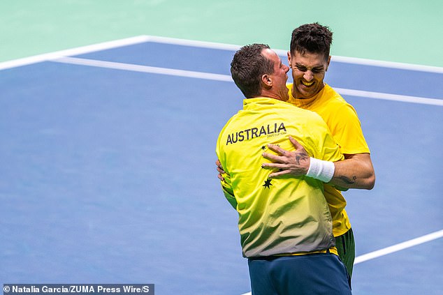 Australian captain Lleyton Hewitt (pictured with Kokkinakis after his singles win) took a big risk with his selections, and it turned out to be a genius move.