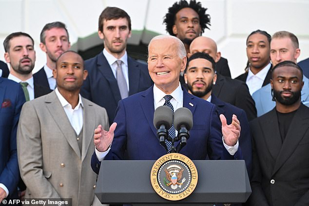 During the ceremony, Biden appeared to stumble over his words, mockingly confusing the Celtics