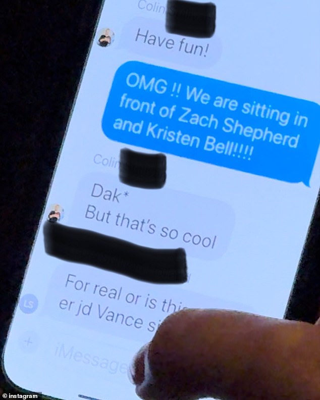 Once they noticed, one of the women immediately sent a text to their iMessage group chat informing them that Dax and Kristen were sitting behind them.