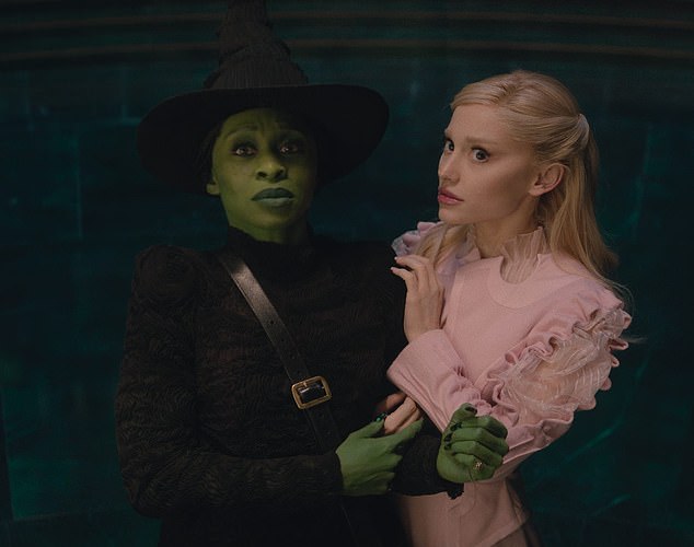 Meanwhile, Erivo said of her green witch: 'I think Elphie, she goes wherever the wind blows. I think he loves Glinda. I think she loves love'; Ariana and Cynthia seen in a photograph