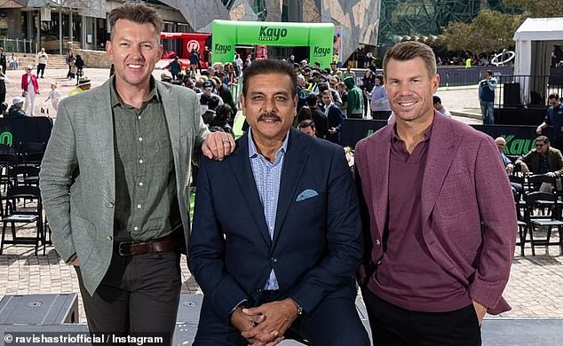 Indian legend Shastri (pictured center with fellow commentators Brett Lee, left, and David Warner) put in an over-the-top performance at the toss that left cricket fans excited.