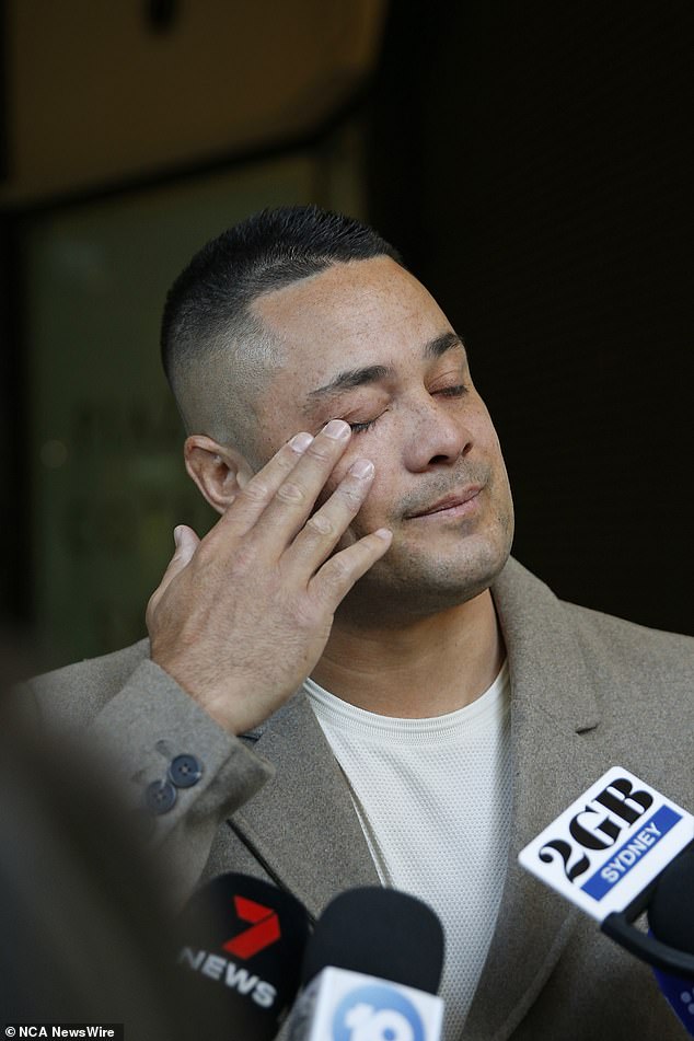 Hayne is shown shedding tears of relief after his convictions were overturned in court in June this year.