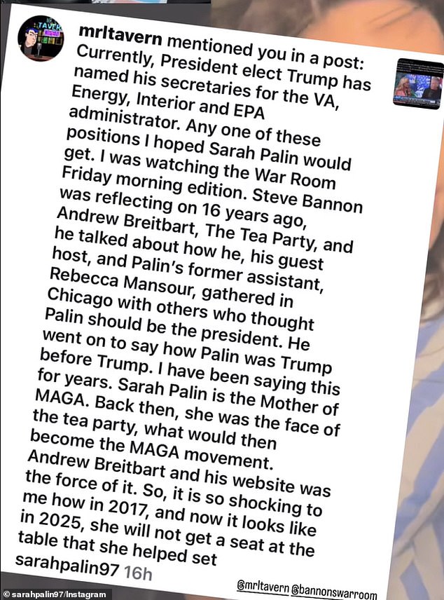 In another post to her Instagram Stories, Palin posted a rant from one of her supporters labeling her as 