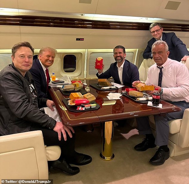 In a photo posted on social media, Kennedy is seen posing awkwardly with a Big Mac while sitting in Trump Force One with President-elect Donald Trump Jr., Elon Musk and House Speaker Mike Johnson.