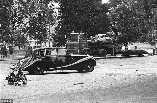 Members of the Royal Cavalry were taking part in their daily Changing of the Guard procession from their barracks in Knightsbridge when they were hit by the explosion. Above: the consequences