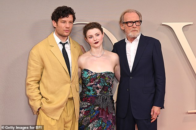 James revealed that the name of his WhatsApp group with his Joy co-stars Bill Nighy and Thomasin McKenzie is called Fallopians (pictured together at the BFI Film Festival in October).